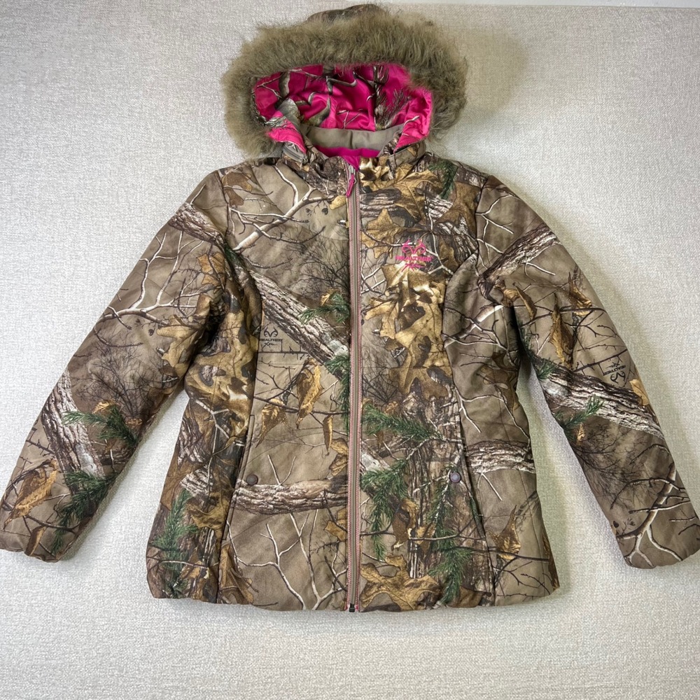 Realtree Xtra Camo Girls Hunting Jacket Pink Trim Faux Fur Hood Large 42-44
